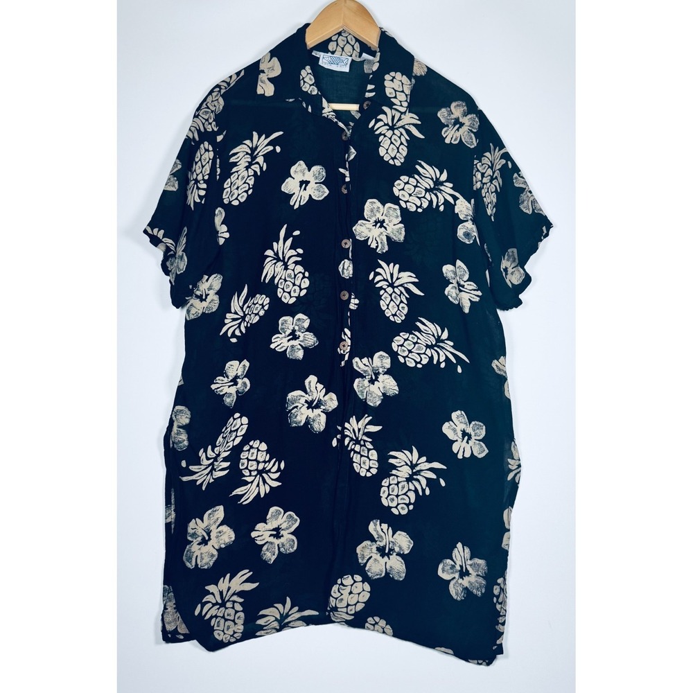 Back East Tunic Duster Blouse Large Black‎ White Pineapple Hibiscus Tropical